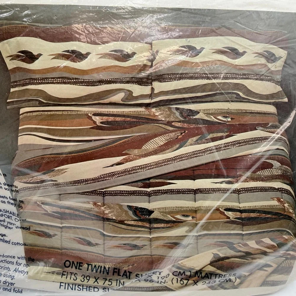 Vintage Burlington Helen Webber Birdscape Twin Flat Sheet MCM Brown Tan NEW